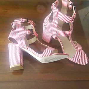 Gorgeous red/white stripe 3 1/2" block heel sandal